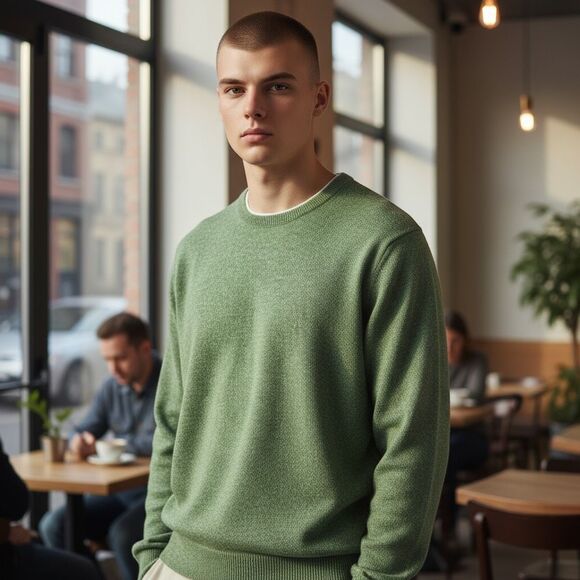 ALAN FLUSSER 100% Pure Cashmere Crewneck Sweater Green Men’s Classic Soft Luxury - Picture 1 of 8